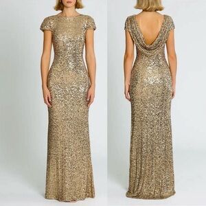 🌻Badgley Mischka Gold Sequin Cowl Back Gown Women's  Size 2